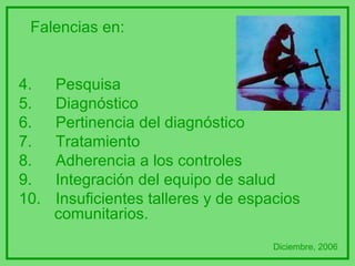Falencias en: Pesquisa Diagnóstico Pertinencia del diagnóstico Tratamiento Adherencia a los controles Integración del equipo de salud Insuficientes talleres y de espacios  comunitarios. Diciembre, 2006 