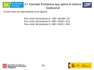 122
3.7. Exemple d'empresa que aplica el sistema
tradicional
El cost unitari de cada producte és el següent:
Preu unitari del producte A = 200 + 40/100 = 24
Preu unitari del producte B = 400 + 50/20 = 22,5
Preu unitari del producte C = 300 + 50/25 = 14,4
 
