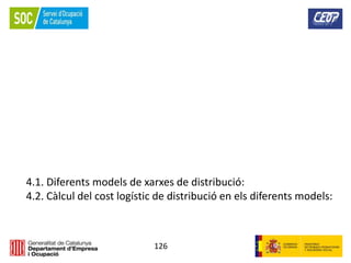 126
4.1. Diferents models de xarxes de distribució:
4.2. Càlcul del cost logístic de distribució en els diferents models:
 