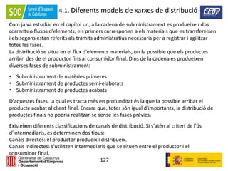 127
4.1. Diferents models de xarxes de distribució
Com ja va estudiar en el capítol un, a la cadena de subministrament es produeixen dos
corrents o fluxos d'elements, els primers corresponen a els materials que es transfereixen
i els segons estan referits als tràmits administratius necessaris per a registrar i agilitzar
totes les fases.
La distribució se situa en el flux d'elements materials, on fa possible que els productes
arribin des de el productor fins al consumidor final. Dins de la cadena es produeixen
diverses fases de subministrament:
• Subministrament de matèries primeres
• Subministrament de productes semi-elaborats
• Subministrament de productes acabats
D'aquestes fases, la qual es tracta més en profunditat és la que fa possible arribar el
producte acabat al client final. Encara que, totes són igual d'importants, la distribució de
productes finals no podria realitzar-se sense les fases prèvies.
Existeixen diferents classificacions de canals de distribució. Si s'atén al criteri de l'ús
d'intermediaris, es determinen dos tipus:
Canals directes: el productor produeix i distribueix.
Canals indirectes: s'utilitzen intermediaris que se situen entre el productor i el
consumidor final.
 