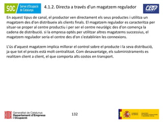 132
4.1.2. Directa a través d'un magatzem regulador
En aquest tipus de canal, el productor ven directament els seus productes i utilitza un
magatzem des d'on distribueix als clients finals. El magatzem regulador es caracteritza per
situar-se proper al centre productiu i per ser el centre neuràlgic des d'on comença la
cadena de distribució. si la empresa optés per utilitzar altres magatzems successius, el
magatzem regulador seria el centre des d'on s'establirien les connexions.
L'ús d'aquest magatzem implica millorar el control sobre el producte i la seva distribució,
ja que tot el procés està molt centralitzat. Com desavantatge, els subministraments es
realitzen client a client, el que comporta alts costos en transport.
 