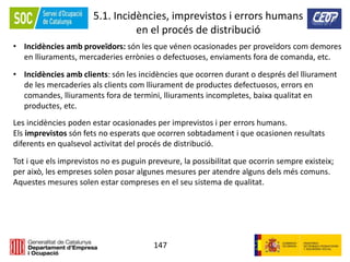 147
5.1. Incidències, imprevistos i errors humans
en el procés de distribució
• Incidències amb proveïdors: són les que vénen ocasionades per proveïdors com demores
en lliuraments, mercaderies errònies o defectuoses, enviaments fora de comanda, etc.
• Incidències amb clients: són les incidències que ocorren durant o després del lliurament
de les mercaderies als clients com lliurament de productes defectuosos, errors en
comandes, lliuraments fora de termini, lliuraments incompletes, baixa qualitat en
productes, etc.
Les incidències poden estar ocasionades per imprevistos i per errors humans.
Els imprevistos són fets no esperats que ocorren sobtadament i que ocasionen resultats
diferents en qualsevol activitat del procés de distribució.
Tot i que els imprevistos no es puguin preveure, la possibilitat que ocorrin sempre existeix;
per això, les empreses solen posar algunes mesures per atendre alguns dels més comuns.
Aquestes mesures solen estar compreses en el seu sistema de qualitat.
 