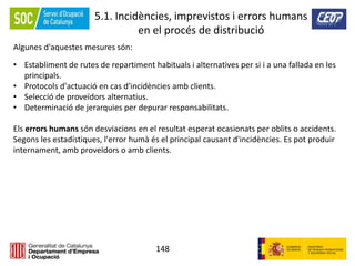148
5.1. Incidències, imprevistos i errors humans
en el procés de distribució
Algunes d'aquestes mesures són:
• Establiment de rutes de repartiment habituals i alternatives per si i a una fallada en les
principals.
• Protocols d'actuació en cas d'incidències amb clients.
• Selecció de proveïdors alternatius.
• Determinació de jerarquies per depurar responsabilitats.
Els errors humans són desviacions en el resultat esperat ocasionats per oblits o accidents.
Segons les estadístiques, l'error humà és el principal causant d'incidències. Es pot produir
internament, amb proveïdors o amb clients.
 