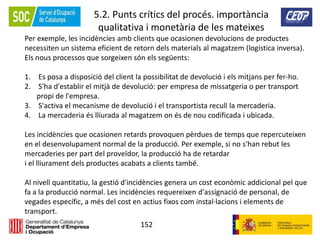 152
5.2. Punts crítics del procés. importància
qualitativa i monetària de les mateixes
Per exemple, les incidències amb clients que ocasionen devolucions de productes
necessiten un sistema eficient de retorn dels materials al magatzem (logística inversa).
Els nous processos que sorgeixen són els següents:
1. Es posa a disposició del client la possibilitat de devolució i els mitjans per fer-ho.
2. S'ha d'establir el mitjà de devolució: per empresa de missatgeria o per transport
propi de l'empresa.
3. S'activa el mecanisme de devolució i el transportista recull la mercaderia.
4. La mercaderia és lliurada al magatzem on és de nou codificada i ubicada.
Les incidències que ocasionen retards provoquen pèrdues de temps que repercuteixen
en el desenvolupament normal de la producció. Per exemple, si no s'han rebut les
mercaderies per part del proveïdor, la producció ha de retardar
i el lliurament dels productes acabats a clients també.
Al nivell quantitatiu, la gestió d'incidències genera un cost econòmic addicional pel que
fa a la producció normal. Les incidències requereixen d'assignació de personal, de
vegades específic, a més del cost en actius fixos com instal·lacions i elements de
transport.
 