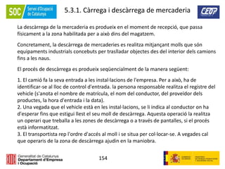 154
5.3.1. Càrrega i descàrrega de mercaderia
La descàrrega de la mercaderia es produeix en el moment de recepció, que passa
físicament a la zona habilitada per a això dins del magatzem.
Concretament, la descàrrega de mercaderies es realitza mitjançant molls que són
equipaments industrials concebuts per traslladar objectes des del interior dels camions
fins a les naus.
El procés de descàrrega es produeix seqüencialment de la manera següent:
1. El camió fa la seva entrada a les instal·lacions de l'empresa. Per a això, ha de
identificar-se al lloc de control d'entrada. la persona responsable realitza el registre del
vehicle (s'anota el nombre de matrícula, el nom del conductor, del proveïdor dels
productes, la hora d'entrada i la data).
2. Una vegada que el vehicle està en les instal·lacions, se li indica al conductor on ha
d'esperar fins que estigui llest el seu moll de descàrrega. Aquesta operació la realitza
un operari que treballa a les zones de descàrrega o a través de pantalles, si el procés
està informatitzat.
3. El transportista rep l'ordre d'accés al moll i se situa per col·locar-se. A vegades cal
que operaris de la zona de descàrrega ajudin en la maniobra.
 