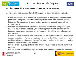 162
5.3.3. Incidències més freqüents
INCIDÈNCIES FREQÜENTS DURANT EL TRANSPORT I EL LLIURAMENT
Les incidències més comunes durant el transport i el lliurament són les següents:
• Condicions ambientals adverses que impossibiliten el transport i la lliurament dels
productes. De vegades, aquesta incidència pot solucionar amb un canvi de ruta.
• Retards en lliuraments per diversos motius (condicions atmosfèriques, trànsit,
accidents, etc.).
• Robatoris de la mercaderia. Encara que existeixen contractes d'assegurança que
• responen pel valor dels productes, la incidència genera retards en el lliurament.
• Danys en les mercaderies ocasionats pel moviment del vehicle i un mal ancoratge
dels paquets.
• El client es troba absent i el transportista no pot realitzar la lliurament. L'habitual en
aquests casos és que s'anota la incidència i es torni al domicili en un altre moment
per lliurar el paquet. Si en aquesta ocasió tampoc es realitza el lliurament, es poden
proposar punts alternatius de recollida.
• Direcció errònia que impossibilita el lliurament o que aquesta es realitzi a una altra
persona.
• Client que no accepta el lliurament per retard o per males condicions del producte.
 