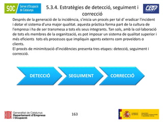 163
5.3.4. Estratègies de detecció, seguiment i
correcció
Després de la generació de la incidència, s'inicia un procés per tal d‘ eradicar l'incident
i dotar el sistema d'una major qualitat. aquesta pràctica forma part de la cultura de
l'empresa i ha de ser transmesa a tots els seus integrants. Tan sols, amb la col·laboració
de tots els membres de la organització, es pot imposar un sistema de qualitat superior i
més eficients tots els processos que impliquin agents externs com proveïdors o
clients.
El procés de minimització d'incidències presenta tres etapes: detecció, seguiment i
correcció.
DETECCIÓ SEGUIMENT CORRECCIÓ
 
