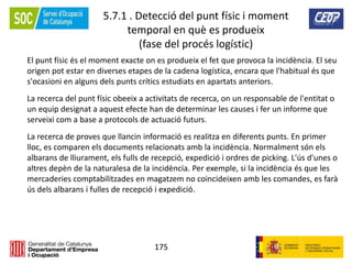 175
5.7.1 . Detecció del punt físic i moment
temporal en què es produeix
(fase del procés logístic)
El punt físic és el moment exacte on es produeix el fet que provoca la incidència. El seu
origen pot estar en diverses etapes de la cadena logística, encara que l'habitual és que
s'ocasioni en alguns dels punts crítics estudiats en apartats anteriors.
La recerca del punt físic obeeix a activitats de recerca, on un responsable de l'entitat o
un equip designat a aquest efecte han de determinar les causes i fer un informe que
serveixi com a base a protocols de actuació futurs.
La recerca de proves que llancin informació es realitza en diferents punts. En primer
lloc, es comparen els documents relacionats amb la incidència. Normalment són els
albarans de lliurament, els fulls de recepció, expedició i ordres de picking. L'ús d'unes o
altres depèn de la naturalesa de la incidència. Per exemple, si la incidència és que les
mercaderies comptabilitzades en magatzem no coincideixen amb les comandes, es farà
ús dels albarans i fulles de recepció i expedició.
 