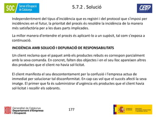 177
5.7.2 . Solució
Independentment del tipus d'incidència que es registri i del protocol que s'imposi per
incidències en el futur, la prioritat del procés és resoldre la incidència de la manera
més satisfactòria per a les dues parts implicades.
La millor manera d'entendre el procés és aplicant-lo a un supòsit, tal com s'exposa a
continuació.
INCIDÈNCIA AMB SOLUCIÓ I DEPURACIÓ DE RESPONSABILITATS
Un client reclama que el paquet amb els productes rebuts es correspon parcialment
amb la seva comanda. En concret, falten dos objectes i en el seu lloc apareixen altres
dos productes que el client no havia sol·licitat.
El client manifesta el seu descontentament per la confusió i l'empresa actua de
immediat per solucionar tal disconformitat. En cap cas vol que el succés afecti la seva
imatge. El primer que fa és subministrar d'urgència els productes que el client havia
sol·licitat i recollir els sobrants.
 