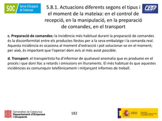 182
5.8.1. Actuacions diferents segons el tipus i
el moment de la mateixa: en el control de
recepció, en la manipulació, en la preparació
de comandes, en el transport
c. Preparació de comandes: la incidència més habitual durant la preparació de comandes
és la disconformitat entre els productes llestos per a la seva embalatge i la comanda real.
Aquesta incidència es ocasiona al moment d'extracció i pot solucionar-se en el moment;
per això, és important que l'operari doni avís al més aviat possible.
d. Transport: el transportista ha d'informar de qualsevol anomalia que es produeixi en el
procés i que doni lloc a retards i omissions en lliuraments. El més habitual és que aquestes
incidències es comuniquin telefònicament i mitjançant informes de treball.
 