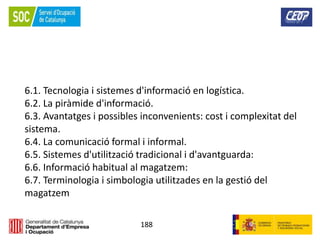 188
6.1. Tecnologia i sistemes d'informació en logística.
6.2. La piràmide d'informació.
6.3. Avantatges i possibles inconvenients: cost i complexitat del
sistema.
6.4. La comunicació formal i informal.
6.5. Sistemes d'utilització tradicional i d'avantguarda:
6.6. Informació habitual al magatzem:
6.7. Terminologia i simbologia utilitzades en la gestió del
magatzem
 