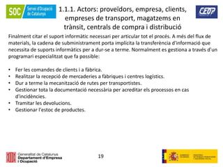 19
1.1.1. Actors: proveïdors, empresa, clients,
empreses de transport, magatzems en
trànsit, centrals de compra i distribució
Finalment citar el suport informàtic necessari per articular tot el procés. A més del flux de
materials, la cadena de subministrament porta implícita la transferència d'informació que
necessita de suports informàtics per a dur-se a terme. Normalment es gestiona a través d'un
programari especialitzat que fa possible:
• Fer les comandes de clients i a fàbrica.
• Realitzar la recepció de mercaderies a fàbriques i centres logístics.
• Dur a terme la mecanització de rutes per transportistes.
• Gestionar tota la documentació necessària per acreditar els processos en cas
d'incidències.
• Tramitar les devolucions.
• Gestionar l'estoc de productes.
 