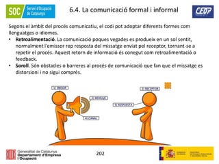 202
6.4. La comunicació formal i informal
Segons el àmbit del procés comunicatiu, el codi pot adoptar diferents formes com
llenguatges o idiomes.
• Retroalimentació. La comunicació poques vegades es produeix en un sol sentit,
normalment l'emissor rep resposta del missatge enviat pel receptor, tornant-se a
repetir el procés. Aquest retorn de informació és conegut com retroalimentació o
feedback.
• Soroll. Són obstacles o barreres al procés de comunicació que fan que el missatge es
distorsioni i no sigui comprès.
 