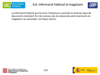213
6.6. Informació habitual al magatzem
La informació habitual que fa servir l'empresa es concreta en diversos tipus de
documents estàndard. Els més comuns són els relacionats amb moviments en
magatzem, les comandes i els fluxos interns.
 