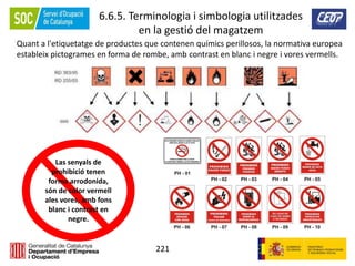 221
6.6.5. Terminologia i simbologia utilitzades
en la gestió del magatzem
Quant a l'etiquetatge de productes que contenen químics perillosos, la normativa europea
estableix pictogrames en forma de rombe, amb contrast en blanc i negre i vores vermells.
Las senyals de
prohibició tenen
forma arrodonida,
són de color vermell
ales vores, amb fons
blanc i contrast en
negre.
 