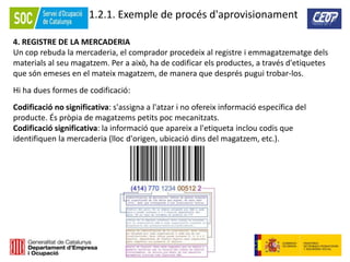 27
1.2.1. Exemple de procés d'aprovisionament
4. REGISTRE DE LA MERCADERIA
Un cop rebuda la mercaderia, el comprador procedeix al registre i emmagatzematge dels
materials al seu magatzem. Per a això, ha de codificar els productes, a través d'etiquetes
que són emeses en el mateix magatzem, de manera que després pugui trobar-los.
Hi ha dues formes de codificació:
Codificació no significativa: s'assigna a l'atzar i no ofereix informació específica del
producte. És pròpia de magatzems petits poc mecanitzats.
Codificació significativa: la informació que apareix a l'etiqueta inclou codis que
identifiquen la mercaderia (lloc d'origen, ubicació dins del magatzem, etc.).
 