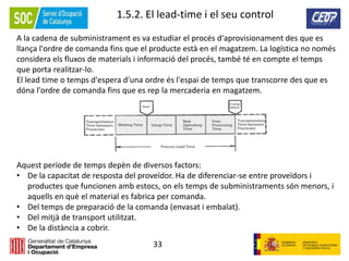 33
1.5.2. El lead-time i el seu control
A la cadena de subministrament es va estudiar el procés d'aprovisionament des que es
llança l'ordre de comanda fins que el producte està en el magatzem. La logística no només
considera els fluxos de materials i informació del procés, també té en compte el temps
que porta realitzar-lo.
El lead time o temps d'espera d'una ordre és l'espai de temps que transcorre des que es
dóna l'ordre de comanda fins que es rep la mercaderia en magatzem.
Aquest període de temps depèn de diversos factors:
• De la capacitat de resposta del proveïdor. Ha de diferenciar-se entre proveïdors i
productes que funcionen amb estocs, on els temps de subministraments són menors, i
aquells en què el material es fabrica per comanda.
• Del temps de preparació de la comanda (envasat i embalat).
• Del mitjà de transport utilitzat.
• De la distància a cobrir.
 