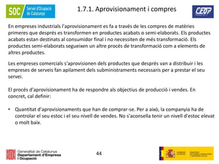 44
1.7.1. Aprovisionament i compres
En empreses industrials l'aprovisionament es fa a través de les compres de matèries
primeres que després es transformen en productes acabats o semi-elaborats. Els productes
acabats estan destinats al consumidor final i no necessiten de més transformació. Els
productes semi-elaborats segueixen un altre procés de transformació com a elements de
altres productes.
Les empreses comercials s'aprovisionen dels productes que després van a distribuir i les
empreses de serveis fan apilament dels subministraments necessaris per a prestar el seu
servei.
El procés d'aprovisionament ha de respondre als objectius de producció i vendes. En
concret, cal definir:
• Quantitat d'aprovisionaments que han de comprar-se. Per a això, la companyia ha de
controlar el seu estoc i el seu nivell de vendes. No s'aconsella tenir un nivell d'estoc elevat
o molt baix.
 