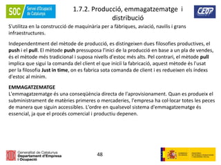 48
1.7.2. Producció, emmagatzematge i
distribució
S'utilitza en la construcció de maquinària per a fàbriques, aviació, navilis i grans
infraestructures.
Independentment del mètode de producció, es distingeixen dues filosofies productives, el
push i el pull. El mètode push pressuposa l'inici de la producció en base a un pla de vendes,
és el mètode més tradicional i suposa nivells d'estoc més alts. Pel contrari, el mètode pull
implica que sigui la comanda del client el que iniciï la fabricació, aquest mètode és l'usat
per la filosofia Just in time, on es fabrica sota comanda de client i es redueixen els índexs
d'estoc al mínim.
EMMAGATZEMATGE
L'emmagatzematge és una conseqüència directa de l'aprovisionament. Quan es produeix el
subministrament de matèries primeres o mercaderies, l'empresa ha col·locar totes les peces
de manera que siguin accessibles. L'ordre en qualsevol sistema d'emmagatzematge és
essencial, ja que el procés comercial i productiu depenen.
 