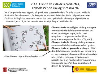 70
2.3.1. El cicle de vida dels productes,
l'obsolescència i la logística inversa
Des d'un punt de vista logístic, els productes passen des de la fase de producció i la de
distribució fins al consum o ús. Després es produeix l'obsolescència i el producte deixa
d'utilitzar. La logística inversa actua en dos punts principals: abans que el producte es
consumeixi, és a dir, en les devolucions, o després que quedi obsolet.
Obsolescència tecnològica: és la que sorgeix
a conseqüència del desenvolupament de
noves tecnologies capaços de crear
màquines o programes amb millors
prestacions (rapidesa, facilitat d'ús, etc.).
Obsolescència de disseny: és la que ocorre
com a resultat de canvis en modes i gustos.
Obsolescència programada: és la que té lloc
des del disseny del producte. Als productors
els interessa que els consumidors adquireixin
nous models; per això, programen els
aparells per a un nombre determinat d'usos.
Una vegada que s'arriba a aquest nivell,
deixen de funcionar.
Hi ha diferents tipus d'obsolescència:
 