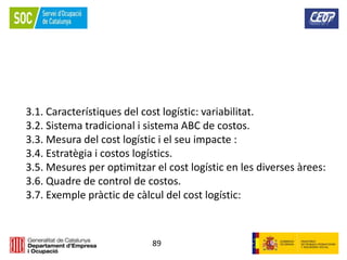 89
3.1. Característiques del cost logístic: variabilitat.
3.2. Sistema tradicional i sistema ABC de costos.
3.3. Mesura del cost logístic i el seu impacte :
3.4. Estratègia i costos logístics.
3.5. Mesures per optimitzar el cost logístic en les diverses àrees:
3.6. Quadre de control de costos.
3.7. Exemple pràctic de càlcul del cost logístic:
 