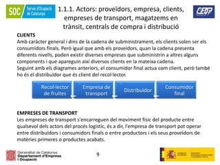 9
1.1.1. Actors: proveïdors, empresa, clients,
empreses de transport, magatzems en
trànsit, centrals de compra i distribució
.
Recol·lector
de fruites
.
Empresa de
transport
.
Distribuïdor
.
Consumidor
final
CLIENTS
Amb caràcter general i dins de la cadena de subministrament, els clients solen ser els
consumidors finals. Però igual que amb els proveïdors, quan la cadena presenta
diferents nivells, poden existir diverses empreses que subministrin a altres alguns
components i que apareguin així diversos clients en la mateixa cadena.
Seguint amb els diagrames anteriors, el consumidor final actua com client, però també
ho és el distribuïdor que és client del recol·lector.
EMPRESES DE TRANSPORT
Les empreses de transport s'encarreguen del moviment físic del producte entre
qualsevol dels actors del procés logístic, és a dir, l'empresa de transport pot operar
entre distribuïdors i consumidors finals o entre productors i els seus proveïdors de
matèries primeres o productes acabats.
 