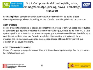 92
3.1.1. Components del cost logístic; estoc,
emmagatzematge, picking, envàs i embalatge,
transport
El cost logístic es compon de diversos subcostos que són el cost de estoc, el cost
d'emmagatzematge, el cost de picking, el cost d'envàs i embalatge i el cost de transport.
COST D'ESTOC
El cost d'estoc fa referència al cost en què incorre l'empresa per tenir un estoc de productes.
Es considera que aquests productes estan immobilitzats i que, en cas de no tenir-los, la seva
quantia podria estar invertida en altres conceptes que aportarien rendibilitat. Per defecte, el
cost d'estoc es determina per l'interès anual dels diners aplicat a la valoració de les
mercaderies en magatzem. Algunes empreses consideren el tipus d'interès mitjà que
obtenen en les seves inversions.
COST D'EMMAGATZEMATGE
El cost d'emmagatzematge inclou partides pròpies de l'emmagatzematge físic de productes.
Les més habituals són:
 