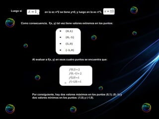 Luego si
Al evaluar a f(x, y) en esos cuatro puntos se encuentra que:
en la ec nº2 se tiene y=0, y luego en la ec nº3,
Como consecuencia, f(x, y) tal vez tiene valores extremos en los puntos:
Por consiguiente, hay dos valores máximos en los puntos (0,1); (0,-1) y
dos valores mínimos en los puntos: (1,0) y (-1,0).
 