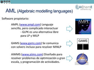 cacheme.org
AML (Algebraic modelling languages)
Software propietario:
AMPL (www.ampl.com) Lenguaje
sencillo, pero complicado interactuar
- GLPK es una alternativa libre
para LP y MILP
GAMS (www.gams.com) Se comunica
con solvers incluso para resolver MINLP
AIMMS (www.aiims.com) Diseñado para
resolver problemas de optimización a gran
escala, y programación de actividades.
 