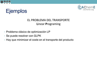 cacheme.org
Ejemplos
EL PROBLEMA DEL TRANSPORTE
Linear Programing
• Problema clásico de optimización LP
• Se puede resolver con GLPK
• Hay que minimizar el coste en el transporte del producto
 