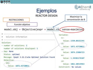 cacheme.org
REACTOR DESIGN
Ejemplos
RESTRICCIONES
Función objetivo
Maximizar la
concentración de B
 