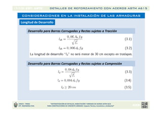 CONSIDERACIONES EN LA INSTALACIÓN DE LAS ARMADURAS
DETALLES DE REFORZAMIENTO CON ACEROS ASTM A615
UNSCH – FIMGC
EFP. INGENIERIA CIVIL
“SISTEMATIZACIÓN DE DETALLES, HABILITACIÓN Y ARMADO DE ACEROS ASTM A615
PARA CONSTRUCCIONES DE CONCRETO ARMADO: Impacto Técnico, Económico y Ambiental”
Longitud de Desarrollo
Desarrollo para Barras Corrugadas y Rectas sujetas a Tracción
Desarrollo para Barras Corrugadas y Rectas sujetas a Compresión
 