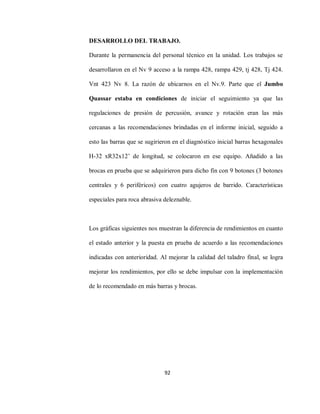 92
DESARROLLO DEL TRABAJO.
Durante la permanencia del personal técnico en la unidad. Los trabajos se
desarrollaron en el Nv 9 acceso a la rampa 428, rampa 429, tj 428, Tj 424.
Vnt 423 Nv 8. La razón de ubicarnos en el Nv.9. Parte que el Jumbo
Quassar estaba en condiciones de iniciar el seguimiento ya que las
regulaciones de presión de percusión, avance y rotación eran las más
cercanas a las recomendaciones brindadas en el informe inicial, seguido a
esto las barras que se sugirieron en el diagnóstico inicial barras hexagonales
H-32 xR32x12’ de longitud, se colocaron en ese equipo. Añadido a las
brocas en prueba que se adquirieron para dicho fin con 9 botones (3 botones
centrales y 6 periféricos) con cuatro agujeros de barrido. Características
especiales para roca abrasiva deleznable.
Los gráficas siguientes nos muestran la diferencia de rendimientos en cuanto
el estado anterior y la puesta en prueba de acuerdo a las recomendaciones
indicadas con anterioridad. Al mejorar la calidad del taladro final, se logra
mejorar los rendimientos, por ello se debe impulsar con la implementación
de lo recomendado en más barras y brocas.
 