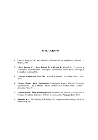 BIBLIOGRAFIA
1. Correa Arroyave A., VIII Seminario Internacional de Explosivos Indumil -
Bogotá; 2009
2. López Jimeno C., López Jimeno E. y García P. Manual de Perforación y
Voladura de Rocas Instituto Tecnológico Geominero de España Serie:Tecnologia y
Seguridad Minera; 2003.
3. Estudios Mineros del Peru SAC. Manual de Minería. Miraflores, Lima – Perú;
2010.
4. Fortuna Silver- Área Planeamiento. Indicadores Avances Lineales Empresas
Especializadas de la Minera Bateas Unidad San Cristobal- Mina Animas -
Arequipa, Perú; 2011.
5. Minera Bateas - Área de Productividad. Indices de Perforación y Voladura de la
Contrata Canchaya Ingenieros SAC en la Mina Animas Arequipa, Perú. 2011.
6. Huarhua T. J. MHP Drilling & Blasting SAC Implementación Aceros y Malla de
Perforación. 2011.
 