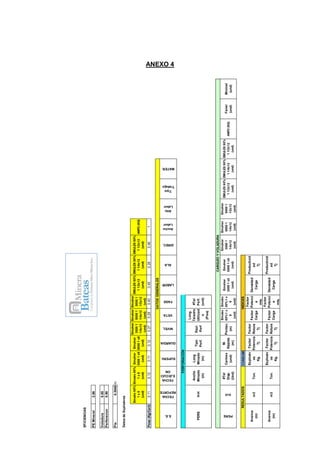ANEXO 4
EFICIENCIAS
PE
Mineral
2.86
Voladura
0.85
Perforacion
0.90
Pie
0.3048
m.
Datos
de
Explosivos
Emulex
65%
1
x
8
(und)
Emulex
80%
1
x
8
(und)
Emulnor
3000
1
x8
(und)
Emulnor
5000
1
x8
(und)
Emulnor
3000
1
1/4x12
(und)
Emulnor
5000
1
1/4x12
(und)
Emulnor
5000
1
1/2x12
(und)
EMULEX
65%
1
1/2x12
(und)
EMULEX
80%
1
1/4x12
(und)
EMULEX
80%
1
1/2x12
(und)
ANFO
(KG)
Peso
(Kg/Cart)
0.11
0.12
0.11
0.12
0.27
0.28
0.40
0.45
0.28
0.46
1
E.E.
FECHA
REPORTE
FECHA
EJECUCI
ON
SUPERV.
GUARDIA
NIVEL
VETA
FASE
LABOR
ALA
DIREC.
Ancho
Labor
Alto
Labor
Tipo
Trabajo
MATER.
PERS
H-H
Ancho
Minado
(m)
Long
Minado
(m)
Tipo
Perf.
Equi.
Perf
Long.
Taladro
Utilizad
o
(Pies)
#Tal
Perf.
(und)
PERS
H-H
#Tal
Disp.
(Und)
Carmex
(und)
M.
Rápida
(m)
Pentac.
(m)
Emulex
65%
1
x
8
(und)
Emulex
80%
1
x
8
(und)
Emulnor
3000
1
x8
(und)
Emulnor
5000
1
x8
(und)
Emulnor
3000
1
1/4x12
(und)
Emulnor
5000
1
1/4x12
(und)
Emulnor
5000
1
1/2x12
(und)
EMULEX
65%
1
1/2x12
(und)
EMULEX
80%
1
1/4x12
(und)
EMULEX
80%
1
1/2x12
(und)
ANFO
(KG)
Fanel
(und)
Mininel
(und)
CONSUMO
Avance
(m)
m3
Ton.
Explosiv
os
Kg.
Factor
Potencia
Tj
Factor
Rotura
Tj
Factor
Carga
Factor
Potenci
a
mts.
Densidad
Carga
Productivid
ad
Tj
Avance
(m)
m3
Ton.
Explosiv
os
Kg.
Factor
Potencia
Tj
Factor
Rotura
Tj
Factor
Carga
Factor
Potenci
a
mts.
Densidad
Carga
Productivid
ad
Tj
DATOS
GENERALES
PERFORACIÓN
CARGUÍO
Y
VOLADURA
RESULTADOS
INDICES
 