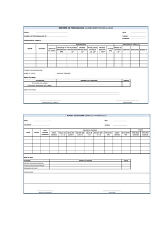 FECHA : …………………………………………………………………………. VETA ……………………………………
JUMBO ELECTROHIDRAULICO Nº : ……………………………………………… TURNO : ……………………………………
GUARDIA : ……………………………………
OPERADOR DE JUMBO E. : …………………………………………………………...
LONGITUD
DE BARRA
LONGITUD DE
PERFORACION
MTS
Nº TALADROS
PERFORADOS
ø 2"
METROS
PERFORADOS
ø 2"
Nº TALADROS
RIMADOS
ø 3 1/2"
METROS
RIMADOS
ø 3 1/2"
AVANCE
MTS
BROCA DE
BOTONES
ø 2"
COOPLING RIMADORA BARRA 14'
TIEMPO DE PERFORACIÓN:
MANO DE OBRA:
TAREAS
OBSERVACIONES:
………………………………………………………………………………………………………………………………………………………………………………………………………………………………………
………………………………………………………………………………………………………………………………………………………………………………………………………………………………………
REPORTE DE PERFORACION ( JUMBO ELECTROHIDRAULICO)
LABOR SECCION
PERFORACION CONSUMO DE VARILLAJE
OPERADOR DE JUMBO E.
____________________________
OCUPACION
HORA DE INCIO: HORA DE TÉRMINO:
SUPERVISOR
_________________________
NOMBRE DEL PERSONAL
OPERADOR DE JUMBO :
AYUDANTE OPERADOR DE JUMBO :
FECHA : ……………………………………………………….. VETA : …………………………………………..
DISPARADOR: ……………………………………………………… GUARDIA : …………………………………………..
FANELES
CANTIDAD
EMULEX 65%
1 1/2 X 12
EMULEX 80%
1 1/2 X 12
EMULNOR 5000
1 1/4 X 12
EMULEX 80
1 X 8
EMULNOR 3000 1
1/4 X 12
PENTACORD
MTS.
CARMEX
CANTIDAD
MECHA RAPIDA
MTS.
HORA INICIAL
(CARGUÍO)
HORA FINAL
(CARGUÍO)
MANO DE OBRA:
TAREAS
OBSERVACIONES:
TIEMPO
REPORTE DE VOLADURA (JUMBO ELECTROHIDRAULICO )
Nº DE
TALADROS
DISPARADOS
CONSUMO DE EXPLOSIVOS
LABOR SECCION
OCUPACION NOMBRE DEL PERSONAL
SUPERVISOR
____________________________
_________________________
MAESTRO DISPARADOR
MAESTRO CARGADOR/DISPARADOR
AYUDANTE CARGADOR/DISPARADOR
PREPARADOR DE FRENTE
 