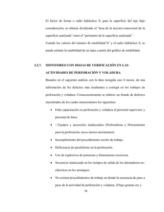 16
El factor de forma o radio hidráulico S, para la superficie del tajo bajo
consideración, se obtiene dividiendo el “área de la sección transversal de la
superficie analizada” entre el “perímetro de la superficie analizada”.
Usando los valores del número de estabilidad N’ y el radio hidráulico S, se
puede estimar la estabilidad de un tajeo a partir del gráfico de estabilidad.
2.2.7. MONITOREO CON HOJAS DE VERIFICACIÓN EN LAS
ACTIVIDADES DE PERFORACIÓN Y VOLADURA
Basados en el siguiente análisis con la data recogida casi 4 meses, da una
información de los defectos más resaltantes a corregir en los trabajos de
perforación y voladura. Consecuentemente se elaboro un listado de defectos
encontrados de los cuales mencionamos los siguientes:
 Falta capacitación en perforación y voladura al personal supervisor y
personal de línea.
 oradoras y Herramientas
para la perforación, tacos inertes inexistentes).
 Incumplimiento del procedimiento escrito de trabajo.
 Deficiencia de paralelismo en la perforación.
 Uso de explosivos de potencias y dimensiones excesivas.
 Secuencia inadecuada en los tiempos de salida de los detonadores no-
eléctricos en los arranques.
 No existen procedimientos de trabajo en donde la secuencia de paso a
paso de la actividad de perforación y voladura. (Flujo-gramas etc.).
 