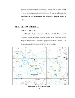 28
mejorara el confinamiento de los taladros, y siempre usar los tubos de PVC
en forma continua para mejorar el paralelismo. Es necesario implementar
sopladores es una herramienta que ayudara a limpiar mejor los
taladros.
2.2.12. UEA SAN CRISTOBAL
2.2.12.1. UBICACIÓN
La UEA San Cristóbal, se localiza a 14 Km. al NW del pueblo de
Caylloma, capital del mismo nombre, provincia de Caylloma, Región
Arequipa. Se encuentra a una altitud aproximada de 4460 a 5000 m.s.n.m.
Sus coordenadas PSAD 56 son: 8`317,650 N ‐ 192,584 E,
UBICACIÓN DE UEA SAN CRISTOBAL
 