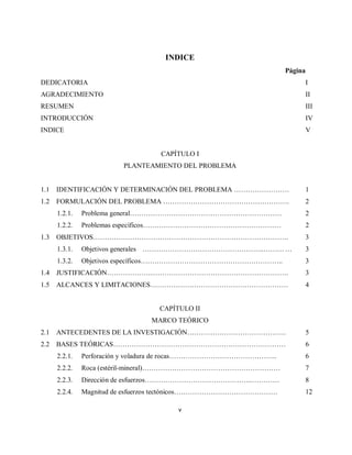 v
INDICE
Página
DEDICATORIA I
AGRADECIMIENTO II
RESUMEN III
INTRODUCCIÓN IV
INDICE V
CAPÍTULO I
PLANTEAMIENTO DEL PROBLEMA
1.1 IDENTIFICACIÓN Y DETERMINACIÓN DEL PROBLEMA …………………… 1
1.2 FORMULACIÓN DEL PROBLEMA ………………………………………………. 2
1.2.1. Problema general………………………………………………………… 2
1.2.2. Problemas específicos…………………………………………………… 2
1.3 OBJETIVOS…………………………………………………………………………. 3
1.3.1. Objetivos generales ……………………………………………..……… … 3
1.3.2. Objetivos específicos…………………………………………………….. 3
1.4 JUSTIFICACIÓN……………………………………………………………………. 3
1.5 ALCANCES Y LIMITACIONES…………………………………………………… 4
CAPÍTULO II
MARCO TEÓRICO
2.1 ANTECEDENTES DE LA INVESTIGACIÓN……………………………………. 5
2.2 BASES TEÓRICAS………………………………………………………………… 6
2.2.1. Perforación y voladura de rocas……………………………………….. 6
2.2.2. Roca (estéril-mineral)…………………………………………………… 7
2.2.3. Dirección de esfuerzos………………………………………..………… 8
2.2.4. Magnitud de esfuerzos tectónicos……………………………………… 12
 