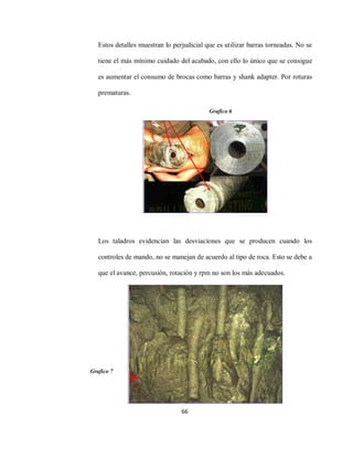66
Estos detalles muestran lo perjudicial que es utilizar barras torneadas. No se
tiene el más mínimo cuidado del acabado, con ello lo único que se consigue
es aumentar el consumo de brocas como barras y shank adapter. Por roturas
prematuras.
Los taladros evidencian las desviaciones que se producen cuando los
controles de mando, no se manejan de acuerdo al tipo de roca. Esto se debe a
que el avance, percusión, rotación y rpm no son los más adecuados.
Grafico 6
Grafico 7
 