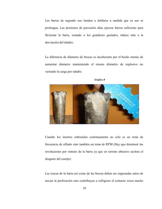 67
Las barras de segundo uso tienden a doblarse a medida que su uso se
prolongue, Las presiones de percusión altas ejercen fuerza suficiente para
flexionar la barra, sumado a los guiadores gastados, induce más a la
desviación del taladro.
La diferencia de diámetro de brocas es incoherente por el hecho mismo de
aumentar diámetro manteniendo el mismo diámetro de explosivo no
variando la carga por taladro.
Cuando los insertos sobresalen continuamente no solo es un tema de
frecuencia de afilado sino también un tema de RPM (Hay que disminuir las
revoluciones por minuto de la barra ya que en terreno abrasivo acelera el
desgaste del cuerpo)
Las roscas de la barra así como de las brocas deben ser engrasadas antes de
iniciar la perforación esto contribuyen a refrigerar el contacto rosca macho
Grafico 8
 