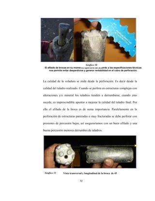 72
La calidad de la voladura se mide desde la perforación. Es decir desde la
calidad del taladro realizado. Cuando se perfora en estructuras complejas con
alteraciones y/o mineral los taladros tienden a derrumbarse, cuando esto
sucede, es imprescindible apuntar a mejorar la calidad del taladro final. Por
ello el afilado de la broca es de suma importancia. Paralelamente en la
perforación de estructuras panizadas o muy fracturadas se debe perforar con
presiones de percusión bajas, así aseguraríamos con un buen afilado y una
buena percusión menores derrumbes de taladros.
Vista transversal y longitudinal de la broca de 45
El afilado de brocas en su momento oportuno de acuerdo a las especificaciones técnicas
nos permite evitar desperdicios y generar rentabilidad en el rubro de perforación.
Grafico 10
Grafico 11
 