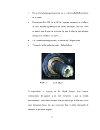 74
 No se afila la broca oportunamente (de lo contrario el afilado realizado
es en vano)
 Percusiones altas (180 bar a 200 bar) algunas veces estas se producen
en vacio durante la perforación en terreno deleznable. Hay que tomar
en cuenta que la energía generada, la roca la absorbe parcialmente
reflejándose esta hacia los aceros.
 Los centralizadores (guiadores) en mal estado (desgastados).
 Torneando las barras hexagonales y Rehusándolas
Shank Adapter
El seguimiento al desgaste de los Shank Adapter debe hacerse
continuamente de acuerdo a un plan preventivo y que se cumpla
oportunamente, como observamos no debe permitirse que se descarten en un
plazo demasiado largo, hay que cambiarlos bajo un plan establecido de
recambio de piezas en desgaste.
Grafico 13
 