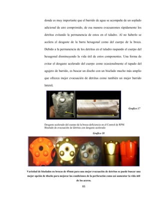 83
donde es muy importante que el barrido de agua se acompañe de un soplado
adicional de aire comprimido, de esa manera evacuaremos rápidamente los
detritus evitando la permanencia de estos en el taladro. Al no haberlo se
acelera el desgaste de la barra hexagonal como del cuerpo de la broca.
Debido a la permanencia de los detritus en el taladro raspando el cuerpo del
hexagonal disminuyendo la vida útil de estos componentes. Una forma de
evitar el desgaste acelerado del cuerpo como ocasionalmente el tapado del
agujero de barrido, es buscar un diseño con un biselado mucho más amplio
que ofrezca mejor evacuación de detritus como también un mejor barrido
lateral.
Desgaste acelerado del cuerpo de la broca-deficiencia en el Control de RPM
Biselado de evacuación de detritus con desgaste acelerado
Variedad de biselados en brocas de 45mm para una mejor evacuación de detritus se puede buscar una
mejor opción de diseño para mejorar las condiciones de la perforación como así aumentar la vida útil
de los aceros.
Grafico 17
Grafico 18
 