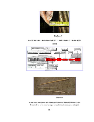 85
SHANK T38 DRILL ROD T38-H35-R32 X 12' DRILL BIT R32 X 45MM. R32 X
51MM
Se tiene barra de 12’ puesta en el Jumbo, pero se utiliza en la mayoría de casos 8-9 pies.
Producto de los cortes que se hacen por tornearlas reduciendo cada vez su longitud
Grafico 19
Grafico 20
 