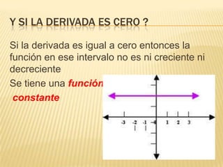 Y si la derivada es cero ?Si la derivada es igual a cero entonces la función en ese intervalo no es ni creciente ni decrecienteSe tiene una función constante
