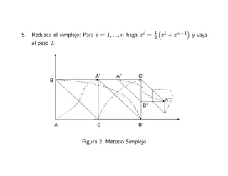 5. Reduzca el simplejo: Para i = 1, ..., n haga xi = 1
2

xi + xn+1

y vaya
al paso 2.
A C B’
B
A’ A’’ C’
B’’
A’’’
A C B’
B
A’ A’’ C’
B’’
A’’’
Figura 2: Método Simplejo
 