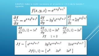 EJEMPLO: Hallar la matriz Jacobiana en el punto a = (1,1) de la función f 
siguiente: 
