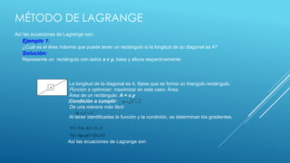 MÉTODO DE LAGRANGE 
Así las ecuaciones de Lagrange son: 
Ejemplo 1: 
¿Cuál es el área máxima que puede tener un rectángulo si la longitud de su diagonal es 4? 
Solución: 
Represente un rectángulo con lados x e y, base y altura respectivamente. 
La longitud de la diagonal es 4, fíjese que se forma un triangulo rectángulo. 
Función a optimizar: maximizar en este caso: Área. 
Área de un rectángulo: A = x.y 
:Condición a cumplir: 
De una manera más fácil: 
4 y 
2 2 4  x  y 
2 2 16  x  y 
Al tener identificadas la función y la condición, se determinan los gradientes. 
A  Ax, Ay  y, x 
g  gx, gy  2x,2y 
Así las ecuaciones de Lagrange son 
 