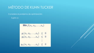 MÉTODO DE KUHN TUCKER 
Considere el problema de optimización 
Sujeto a: 
 